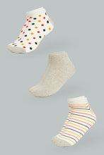 Load image into Gallery viewer, Redtag-Assorted-Printed-Ankle-Socks-(Pack-Of-3)-365,-Colour:Assorted,-Filter:Women's-Clothing,-Non-Sale,-Section:Women,-Women-Socks-Women's-