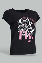 Load image into Gallery viewer, Redtag-Black-Graphic-T-Shirt-Cropped-Tops-Senior-Girls-9 to 14 Years