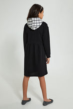 تنزيل الصورة على معرض الصور، Redtag-Black/Tweeds-Hooded-Dress-Dresses-Senior-Girls-9 to 14 Years