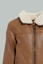تنزيل الصورة على معرض الصور، Redtag-Brown-Sherpa-Lining-And-Collar-Pu-Jacket-Jackets-Infant-Boys-3 to 24 Months