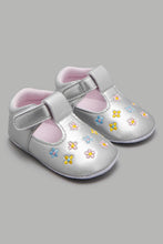Load image into Gallery viewer, Redtag-Silver-Pram-Shoe-With-Floral-Embroidred-Colour:Silver,-Filter:Baby-Footwear-(0-to-18-Mths),-NBF-Casual-Shoes,-New-In,-New-In-NBF-FOO,-Non-Sale,-W21B-Baby-0 to 18 Months