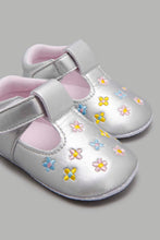 Load image into Gallery viewer, Redtag-Silver-Pram-Shoe-With-Floral-Embroidred-Colour:Silver,-Filter:Baby-Footwear-(0-to-18-Mths),-NBF-Casual-Shoes,-New-In,-New-In-NBF-FOO,-Non-Sale,-W21B-Baby-0 to 18 Months