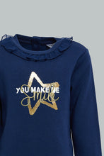 تنزيل الصورة على معرض الصور، Redtag-Navy-Frilled-Neck-Jogsuit-Colour:Navy,-Filter:Infant-Girls-(3-to-24-Mths),-Infant-Girls-Sets,-New-In,-New-In-ING,-Non-Sale,-Section:Kidswear,-W21B-Infant-Girls-3 to 24 Months