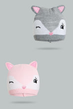 تنزيل الصورة على معرض الصور، Redtag-Beige-And-Grey-Embelished-Set-Of-2-Knitted-Cap-Beanies-Girls-