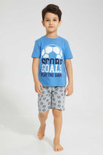 Load image into Gallery viewer, Redtag-Blue-Goal-Short-Sleeve-T-Shirt-And-Short-Set-Pyjama-Sets-Boys-2 to 8 Years