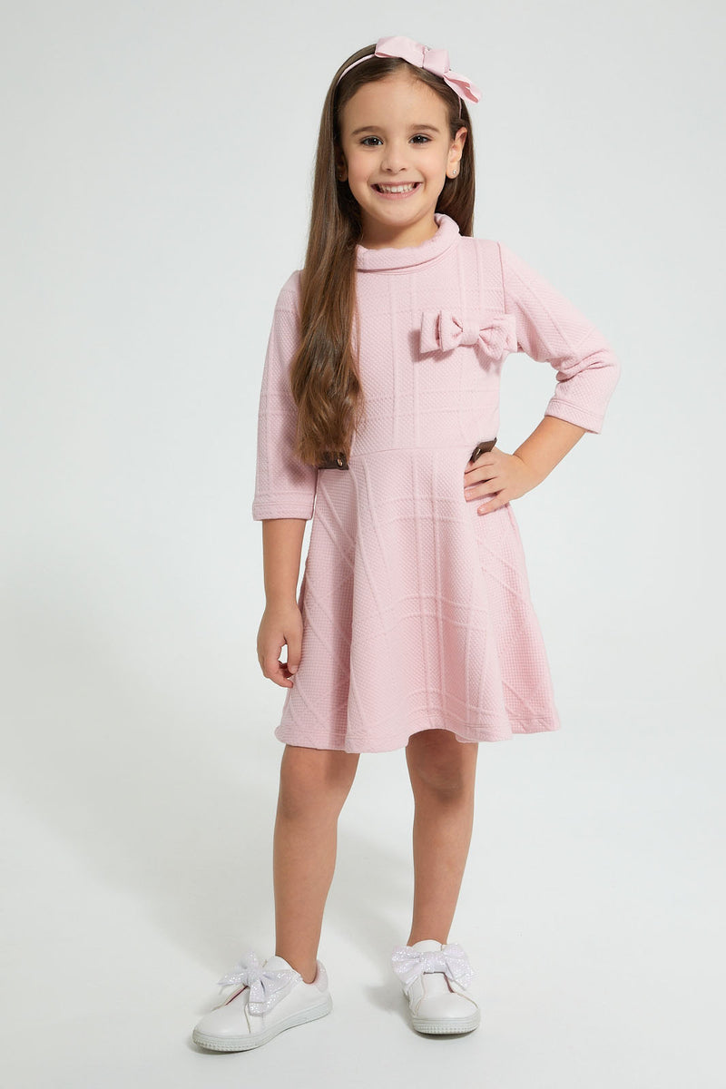 Redtag-Pink-High-Neck-Textured-Dress-Dresses-Girls-2 to 8 Years