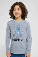 تنزيل الصورة على معرض الصور، Redtag-Grey-Marl-Power-Up-Print-Long-Sleeve-Tshirt-Long-Sleeves-Boys-2 to 8 Years