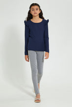 تنزيل الصورة على معرض الصور، Redtag-Navy-Ruffled-Rib-Top-Long-Sleeves-Senior-Girls-9 to 14 Years