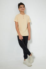 تنزيل الصورة على معرض الصور، Redtag-Beige-Henley-T-Shirt-Plain-Senior-Boys-9 to 14 Years