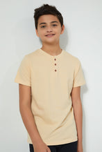 تنزيل الصورة على معرض الصور، Redtag-Beige-Henley-T-Shirt-Plain-Senior-Boys-9 to 14 Years