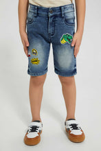 Load image into Gallery viewer, Redtag-Mid-Wash-Five-Pocket-Badges-Knit-Denim-Short-Denim-Shorts-Boys-2 to 8 Years