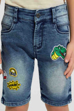 Load image into Gallery viewer, Redtag-Mid-Wash-Five-Pocket-Badges-Knit-Denim-Short-Denim-Shorts-Boys-2 to 8 Years