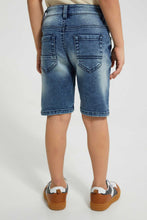Load image into Gallery viewer, Redtag-Mid-Wash-Five-Pocket-Badges-Knit-Denim-Short-Denim-Shorts-Boys-2 to 8 Years
