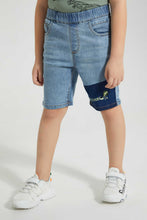Load image into Gallery viewer, Redtag-Light-Wash-Short-With-Contrast-Wash-Panel-And-Embroidery-Denim-Shorts-Boys-2 to 8 Years