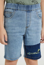 Load image into Gallery viewer, Redtag-Light-Wash-Short-With-Contrast-Wash-Panel-And-Embroidery-Denim-Shorts-Boys-2 to 8 Years