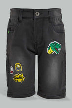 Load image into Gallery viewer, Redtag-Charcoal-Five-Pocket-Badges-Knit-Denim-Short-Denim-Shorts-Boys-2 to 8 Years