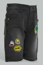 Load image into Gallery viewer, Redtag-Charcoal-Five-Pocket-Badges-Knit-Denim-Short-Denim-Shorts-Boys-2 to 8 Years