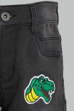 Load image into Gallery viewer, Redtag-Charcoal-Five-Pocket-Badges-Knit-Denim-Short-Denim-Shorts-Boys-2 to 8 Years