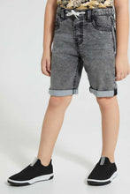 Load image into Gallery viewer, Redtag-Black-Knit-Denim-5-Pocket-Short-With-Cord-Denim-Shorts-Boys-2 to 8 Years