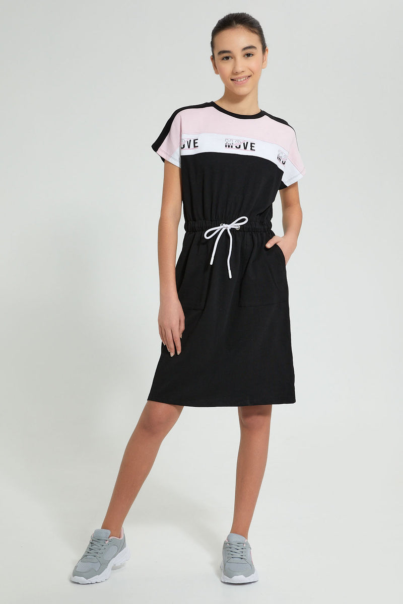 Redtag-Black/White/Pink-Sporty-Colorblocking-Knitted-Dress-Dresses-Senior-Girls-9 to 14 Years
