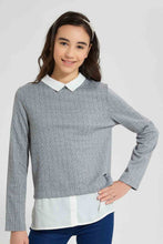 تنزيل الصورة على معرض الصور، Redtag-Grey-Collared-Embroideredellished-Jacquard-Mock-Shirt-Blouses-Senior-Girls-9 to 14 Years