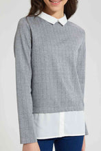 تنزيل الصورة على معرض الصور، Redtag-Grey-Collared-Embroideredellished-Jacquard-Mock-Shirt-Blouses-Senior-Girls-9 to 14 Years