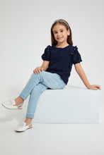 Load image into Gallery viewer, Redtag-Navy-Frill-Bead-Tee-Blouses-Girls-2 to 8 Years