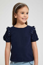 Load image into Gallery viewer, Redtag-Navy-Frill-Bead-Tee-Blouses-Girls-2 to 8 Years