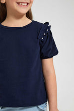 Load image into Gallery viewer, Redtag-Navy-Frill-Bead-Tee-Blouses-Girls-2 to 8 Years