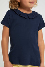 تنزيل الصورة على معرض الصور، Redtag-Navy-Embroidered-Collar-Tee-Plain-Girls-2 to 8 Years