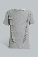 تنزيل الصورة على معرض الصور، Redtag-Grey-Drop-Needle-Chest-Frill-T-Shirt-Plain-Girls-2 to 8 Years