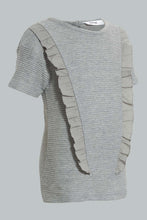 تنزيل الصورة على معرض الصور، Redtag-Grey-Drop-Needle-Chest-Frill-T-Shirt-Plain-Girls-2 to 8 Years