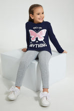 تنزيل الصورة على معرض الصور، Redtag-Navy-Butterfly-Print-Brushed-Fabric-T-Shirt-Long-Sleeves-Girls-2 to 8 Years