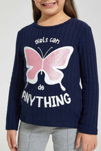 تنزيل الصورة على معرض الصور، Redtag-Navy-Butterfly-Print-Brushed-Fabric-T-Shirt-Long-Sleeves-Girls-2 to 8 Years