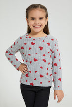 تنزيل الصورة على معرض الصور، Redtag-Grey-Heart-Print-Brushed-Fabric-T-Shirt-Long-Sleeves-Girls-2 to 8 Years