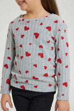 تنزيل الصورة على معرض الصور، Redtag-Grey-Heart-Print-Brushed-Fabric-T-Shirt-Long-Sleeves-Girls-2 to 8 Years