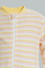 تنزيل الصورة على معرض الصور، Redtag-Yellow-And-Pink-Stripe-Fleece-Romper-Rompers-Baby-0 to 12 Months