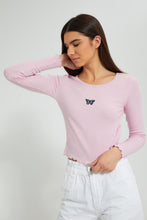 Load image into Gallery viewer, Redtag-Pink-Rib-Long-Sleeve-T-Shirt-With-Placement-Embroideredroidery-Embellished-Women's-
