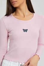 Load image into Gallery viewer, Redtag-Pink-Rib-Long-Sleeve-T-Shirt-With-Placement-Embroideredroidery-Embellished-Women's-