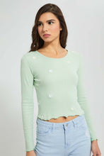 تنزيل الصورة على معرض الصور، Redtag-Mint-Rib-L/S-T-Shirt-With-Allover-Floral-Embroidery-Colour:Mint,-Filter:Women's-Clothing,-New-In,-New-In-Women,-Non-Sale,-S22A,-Section:Women,-Women-T-Shirts-Women's-