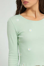 تنزيل الصورة على معرض الصور، Redtag-Mint-Rib-L/S-T-Shirt-With-Allover-Floral-Embroidery-Colour:Mint,-Filter:Women's-Clothing,-New-In,-New-In-Women,-Non-Sale,-S22A,-Section:Women,-Women-T-Shirts-Women's-