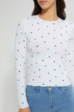 تنزيل الصورة على معرض الصور، Redtag-White-Rib-Allover-Printed-Long-Sleeve-T-Shirt-Active-Tees-Women's-