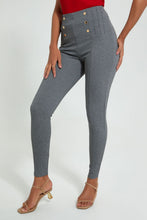 Load image into Gallery viewer, Redtag-Grey-Ponte-Buttons-Side-Legging-Leggings-Women's-0