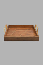 تنزيل الصورة على معرض الصور، Redtag-Brown-Wooden-Square-Tray-With-Brass-Wire-Embellishment-With-Gold-Aluminum-Handles-Trays-Home-Dining-