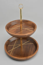 تنزيل الصورة على معرض الصور، Redtag-Brown-Wooden-Round-Two-Tier--With-Brass-Wire-Embellishment--With-Gold-Aluminum-Handle-Serving-Dish-Home-Dining-