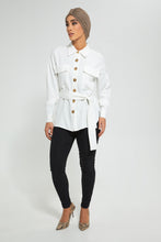 Load image into Gallery viewer, Redtag-White-Button-Front-Collared-Belted-Top-Blouses-Women's-