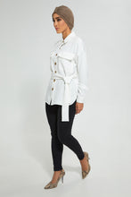 Load image into Gallery viewer, Redtag-White-Button-Front-Collared-Belted-Top-Blouses-Women's-
