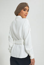 Load image into Gallery viewer, Redtag-White-Button-Front-Collared-Belted-Top-Blouses-Women's-