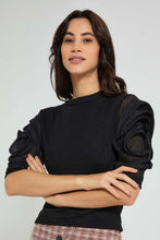 Load image into Gallery viewer, Redtag-Black-Heavy-Top-With-Flower-Details-At-Sleeve-Tops-Women's-
