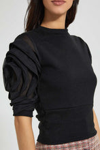 Load image into Gallery viewer, Redtag-Black-Heavy-Top-With-Flower-Details-At-Sleeve-Tops-Women's-